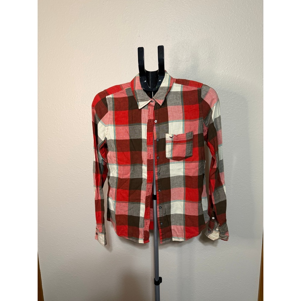 Hollister California Mens M Plaid Flannel Shirt Red White Brown Long Sleeve Logo